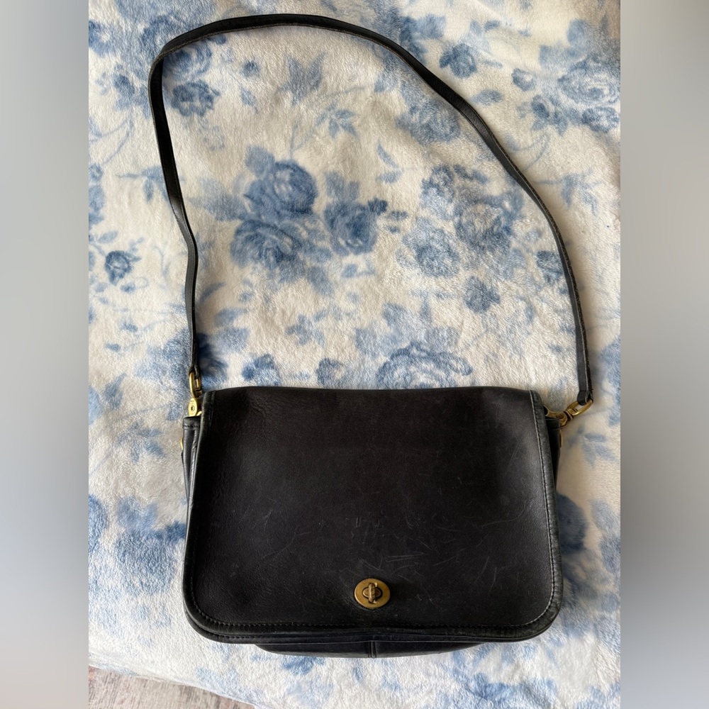 VTG Coach Convertible Clutch 9635 Black Leather Brass Shoulder Bag 80s NYC
